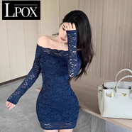 LPOX女裝秋季性感顯身材鏤空露肩連衣裙女蕾絲拼接打底一字肩包臀裙 藏青色 S [S建議80-90斤]