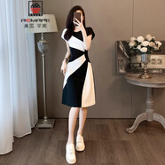 AEMAPE高級感復(fù)古黑白拼接連衣裙2025女夏季新款簡約氣質(zhì)收腰顯瘦裙子 黑白色 XL (115-125斤拍)