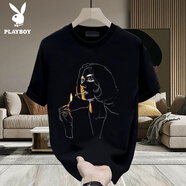 花花公子（PLAYBOY）夏季新款痞帥印花寬松休閑重磅棉質(zhì)短袖T恤青年男女百搭上衣 黑色【前中大圖K3032 線條頭像點 S 建議90-100斤