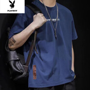 花花公子美式復古短袖T恤男大碼夏季寬松潮牌胖子加大碼半袖圓領(lǐng)體恤 藏藍色棉-261 XL 【建議體重140-170】
