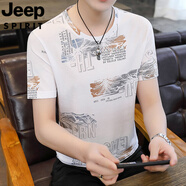 JEEP SPIRIT吉普V領短袖t恤男夏季2025新款休閑寬松半袖冰絲速干體恤男上衣服 8002白色【圓衣領】 M 165 95-120斤