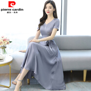 皮爾卡丹2026夏季新款高端氣質(zhì)緞面真·絲連衣裙修身顯瘦V領(lǐng)大擺長(cháng)裙 灰色 L