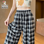 啄木鳥蕾絲花邊格子褲子女夏季2025新款抽繩高腰闊腿褲直筒寬松休閑長褲 黑格常規(guī)款 M
