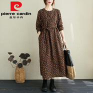 皮爾卡丹（pierre cardin）棉麻碎花大碼連衣裙2025春季新款系帶收腰顯瘦文藝長(zhǎng)裙女打底裙 咖色（860）今年流行的輕奢品牌 2XL 【建議141-153斤左右】
