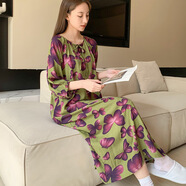 FHHUABD2025新款棉綢睡衣女士中袖薄款人造棉連衣裙長款睡裙家居服春夏季 紫蝶戀芳菲 均碼 (適合150斤以下)