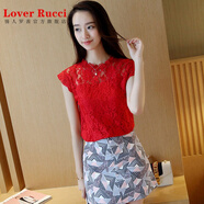 LOVER RUCCI蕾絲衫短袖女夏2025新款小衫打底衫大碼蕾絲花邊白色鏤空無(wú)袖上衣 紅色 國旗紅色 L 109-120斤
