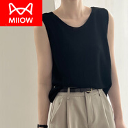 貓人（MiiOW）女士亞麻吊帶背心女夏外穿內(nèi)搭2025新款寬松薄款無袖短款針織上衣 黑色 L