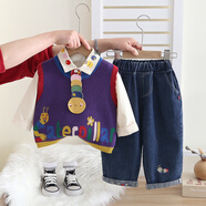 圓圓米米男童套裝春裝1-4歲小男孩兩件套韓版卡通寶寶長(cháng)袖嬰兒衣服春秋裝3 SJ8317蟲(chóng)蟲(chóng)領(lǐng)帶毛衣三件套藏青 90 碼適合80-85cm約1-2歲