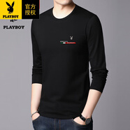 花花公子（PLAYBOY）男士長(zhǎng)袖t恤春秋季圓領(lǐng)100%純棉寬松純色薄款體恤衫秋衣上衣服打 小標(biāo)-黑色【長(zhǎng)袖】 薄款 M 建議80-86斤