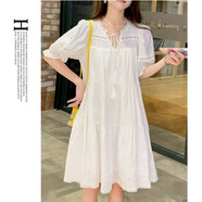 景怡依胖女孩夏天女裝2026夏季新款寬松泡泡袖甜美仙女裙學(xué)生短袖連衣裙 白色 L