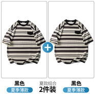 大嘴猴（paul frank）美式潮牌條紋復(fù)古短袖T恤夏季薄款痞帥寬松圓領(lǐng)休閑百搭男裝體恤 黑色+黑色【兩件裝】 XL 【建議140-160斤】