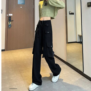 XCFREHT【2878人好評】美式工裝牛仔褲女生冬裝2024年新款寬松直筒高腰高 黑色長褲 198 XS 建議75-84斤左右