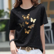 FHHUABD體桖女夏2021年新款韓版亮閃閃T恤冰絲寬松百搭大碼短袖亮片上衣 3115黑色 S 80-95斤
