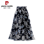 皮爾卡丹夏季新品女裝歐洲站碎花雪紡半身裙中長款印花大擺裙顯瘦A字短裙 黑色 5XL
