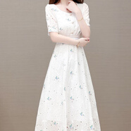 俞兆林女神范短袖碎花A字連衣裙2025年夏季新款時尚簡約顯瘦繡花中長裙 白色 2XL