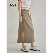 A21女裝直筒中長(zhǎng)裙夏季新款拼色開(kāi)叉減齡顯瘦氣質(zhì)設(shè)計(jì)感裙子 軍綠 S
