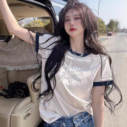 布舒瑤歐洲站純棉白色t恤女燙鉆巴黎鐵塔撞色拼色短袖打底衫夏裝ins潮牌 白色F85037燙鉆鐵塔(1)藏藍(lán)邊 S