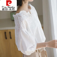 皮爾卡丹（pierre cardin）純欲泡泡袖一字肩上衣女夏季高級感襯衫甜美超仙七分袖露肩雪紡衫 白色 XL 115-125斤