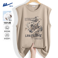 回力國風(fēng)背心男大碼潮流水墨山水畫(huà)印花無(wú)袖體恤男士夏季親膚純棉坎肩 沙色(h大中國山水) L 175(建議120斤-140斤左右)