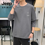 JEEP SPIRIT吉普純棉男學生長袖T恤潮流寬松秋裝百搭圓領打底衫 YX-952-63深灰 M 95-105斤