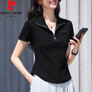 皮爾卡丹（pierre cardin）黑色半開領(lǐng)短袖t恤女2025夏季新款正肩拉鏈修身百搭半袖上衣體恤 黑色 S