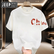 JEEP SPIRIT吉普半袖痞帥重磅短袖恤青年男女款夏季潮牌街頭寬松百搭上衣 白色【前左袖子圖K4011 紅色Chin XL 建議140-160斤