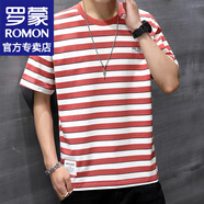 羅蒙（ROMON）圓領(lǐng)短袖t恤男士夏季短袖男打底衫條紋半袖寬袖休閑上衣服男裝 1802紅色 4XL (約185-200斤可穿)