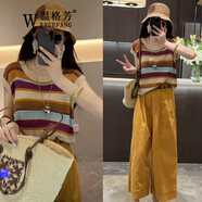 溫格芳休閑褲女2025夏季新款小個(gè)子減齡穿搭洋氣時(shí)尚套裝高腰顯瘦闊腿褲 卡其條紋上衣+黃色褲子 S