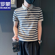 羅蒙（ROMON）短袖t恤男士夏季高級(jí)感翻領(lǐng)半袖體恤潮流痞帥條紋年輕人polo 衫男 灰色 XL (建議125-140斤)