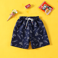 貝嬰初（BEIYINGCHU）夏季兒童短褲沙灘褲泳褲男童休閑寬松外穿大褲頭卡通時(shí)尚五分褲子 深藍滑板椰樹(shù) 120 (建議身高110-120cm)
