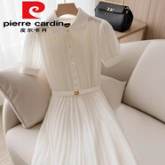 皮爾卡丹（pierre cardin）法式赫本風(fēng)簡(jiǎn)約白色壓褶雪紡裙夏季外穿森女遮肚通勤短袖連衣裙女 白色今年流行的輕奢品牌 M 100-110斤