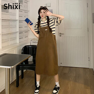 世希大碼微胖減齡復(fù)古牛仔背帶裙女夏季氣質(zhì)顯瘦裙子梨形身材穿搭套裝 棕色背帶裙 L 建議100-120斤