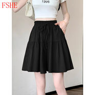 FSHE大碼裙褲女秋小個(gè)子高腰顯瘦闊腿中褲松緊腰系帶休閑五分短裙短褲 黑色 (版) XL 建議121-140斤