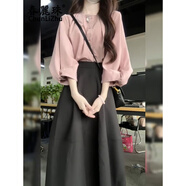 春麗珠（Chunlizhu）連衣裙2025春夏新款穿搭套裝女韓版圓領(lǐng)長(zhǎng)袖襯衫高腰半身裙兩件套 粉色襯衫+半身裙 M