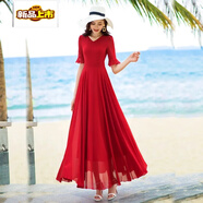 初徑2025新款夏氣質(zhì)新款大擺度假沙灘裙拖地顯瘦長(cháng)裙子碎花雪紡連衣裙 8079 大紅色 M 建議90-100斤