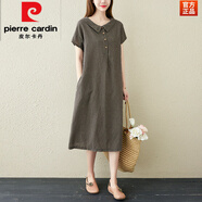 皮爾卡丹（pierre cardin）日韓女裝夏裝新款韓版大碼格子短袖寬松中長(cháng)款透氣棉麻連衣裙女裝 黑格 2XL 【建議140-170斤】