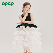 OPCP兒童連衣裙夏季新款亮片公主大波浪雪紡蛋糕裙女童中童生日禮服裙 黑白拼色 150