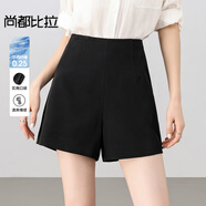尚都比拉小個(gè)子通勤休閑褲女夏季高腰顯瘦闊腿褲氣質(zhì)小短褲 黑色 L