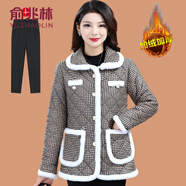 俞兆林（YUZHAOLIN）媽媽冬裝棉衣外套小香風(fēng)棉服50歲中老年女加絨加厚短款格子小棉襖 黑白格 +  黑色加絨褲 XL (參考90-105斤)