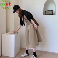 DXOT2025新款背帶裙套裝女夏寬松韓版顯瘦長(cháng)款收腰連衣裙泡泡袖兩件套 卡其背帶裙+黑色花苞袖(兩件套) M 建議95-105斤穿