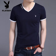 花花公子（PLAYBOY）品牌短袖t恤夏季男士韓版修身V領(lǐng)體恤打底衫純棉雞心領(lǐng)上衣服 605藏青色【短袖】 L 170/ 建議110-130斤