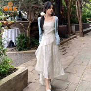 派吉鯊韓系甜美甜美森系淑女白色吊帶連衣裙超仙百搭休閑兩件套女 吊帶裙 S