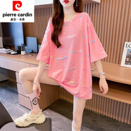 皮爾卡丹（pierre cardin）大尺碼女裝胖夏裝短袖恤女中長款2025年新款洋氣涂鴉純.棉上衣 粉紅色 M 80-115斤