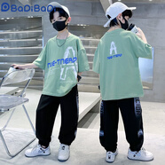 巴帝巴帝（Badibadi）男童短袖套裝2025新款夏裝中大童網(wǎng)紅男孩休閑兒童衣服洋氣冰絲褲 綠色 A字純棉透氣短+冰絲運(yùn)動(dòng)褲 160 建議身145-155
