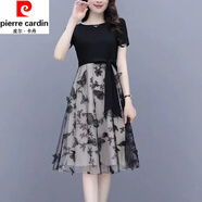 皮爾卡丹（pierre cardin）刺繡網(wǎng)紗假兩件連衣裙女短袖2025年夏季新款名媛氣質(zhì)雪紡中長(zhǎng)裙子 圖片色 L 建議100-115斤