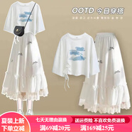 碧彩雅女童套裝夏季新款洋氣青少年套裝初中學生休閑短袖半身裙兩件套潮 藍天T恤+蝴蝶結(jié)半身裙 170 （XL）碼【建議125-138斤】