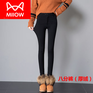 貓人（MiiOW）薄絨小腳褲秋冬2025新款高腰九分黑色鉛筆褲外穿打底褲女加絨長(cháng)褲 松緊腰-八分褲(厚絨款) 褲長(cháng)82-8 S 建議(75-90斤)