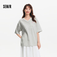 森馬（Semir）短袖T恤女中長款V領(lǐng)蕾絲繡花2025夏oversize上衣氣質(zhì)109325100033