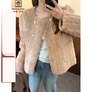 AEMAPE精致雙排扣仿兔毛小香風(fēng)短外套女加厚軟糯寬松毛茸茸上衣冬季 卡其色 S 建議90-100斤