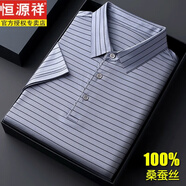 恒源祥輕奢特級桑蠶絲短袖體恤男夏季橫條紋商務(wù)休閑POLO衫半袖爸爸裝 銀灰 M 165【建議95-115斤】